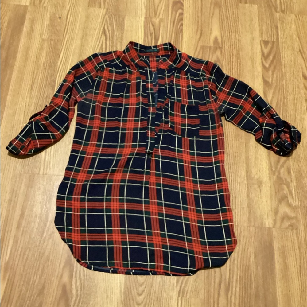 Women’s blouse casual size medium sleeve 3/4 multicolor checkered brand CALS